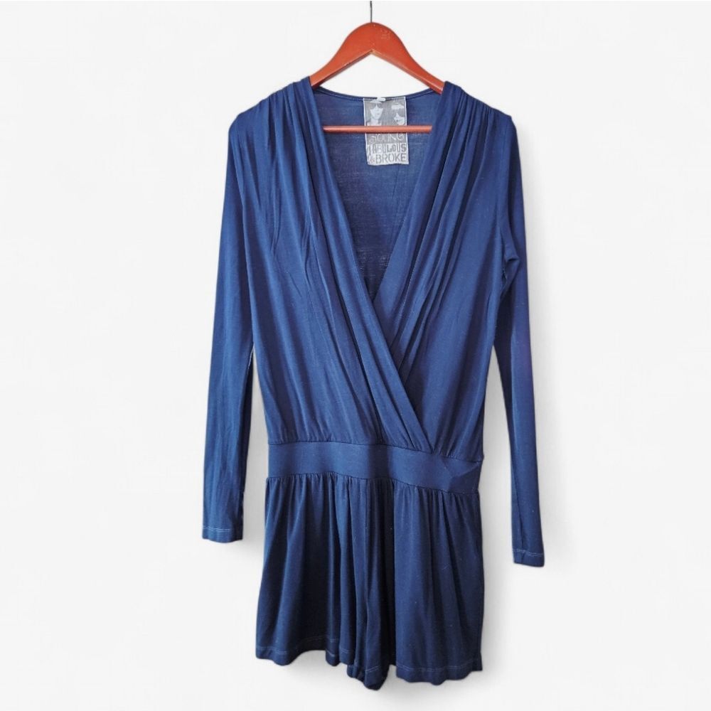 Young Fabulous & Broke YFB Draped V-Neck Long Sleeve Romper Playsuit Navy Blue S